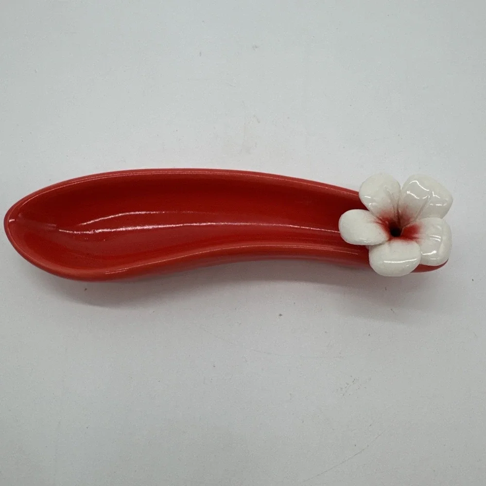 Vintage Red White Tropical Flower Spoon Rest Trinket Dish Hawaiian Style Small